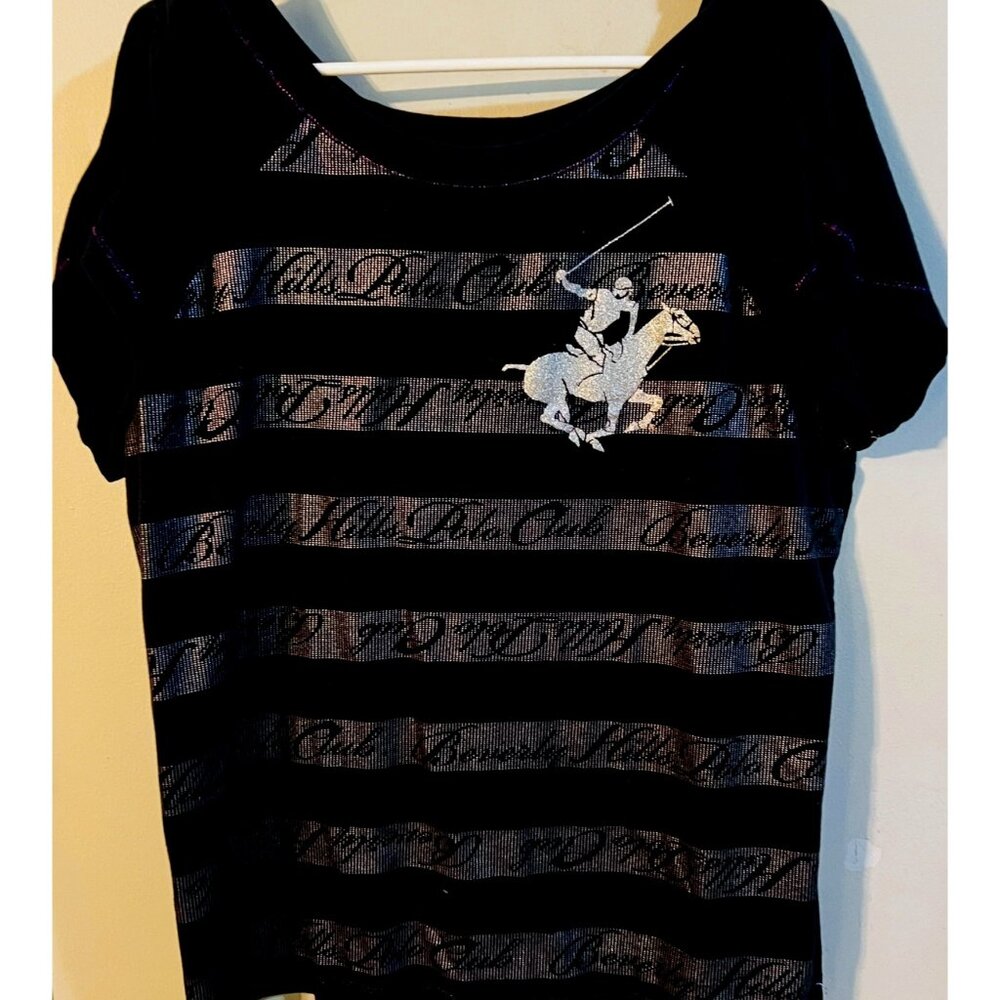 Beverly Hills Polo Club Women's Striped Short Sleeve Top Black 2X